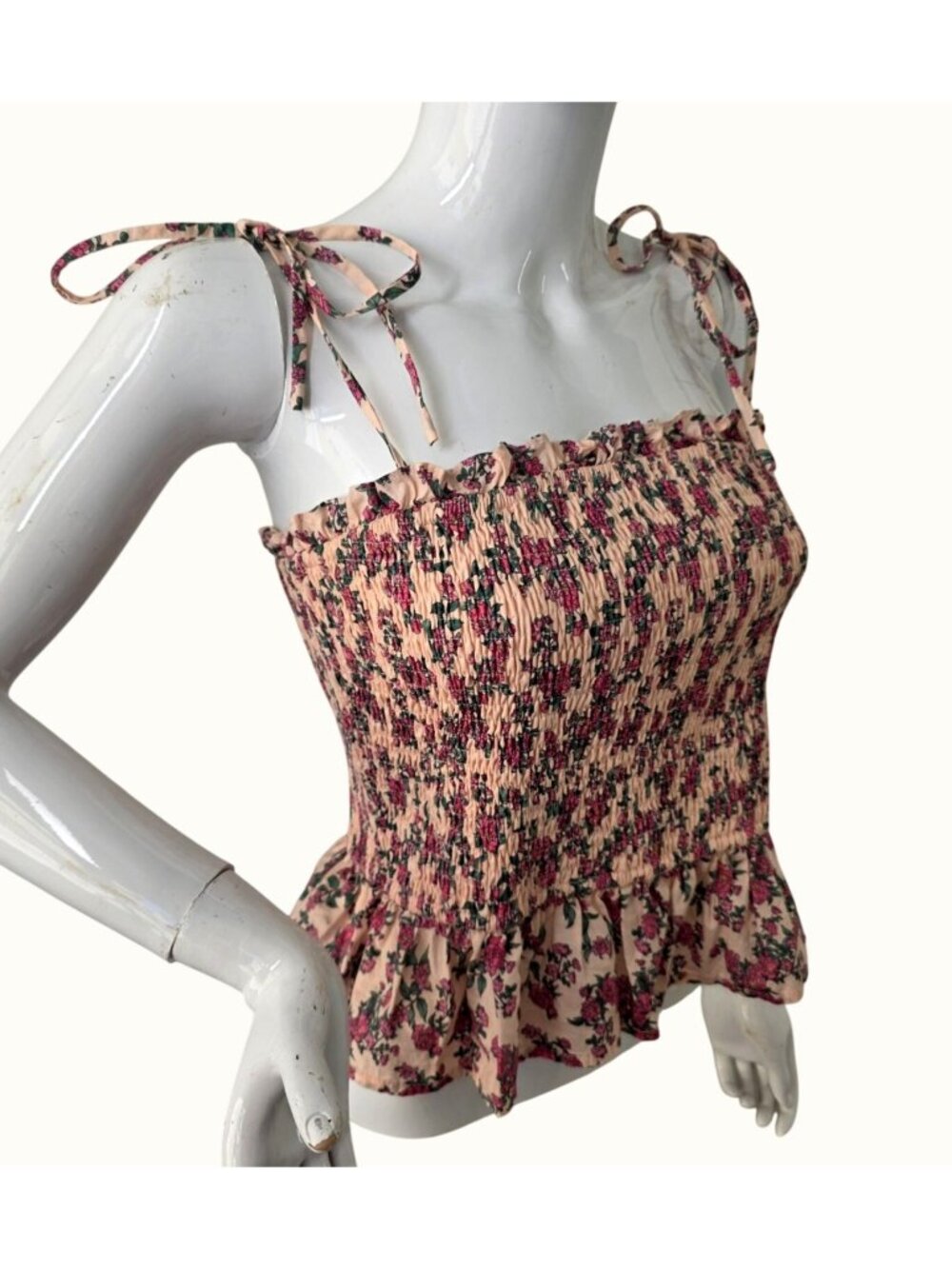 Aureum Smocked Pink Floral Tie Strap Top Sz M Pink Cotton Peplum Cottagecore NEW